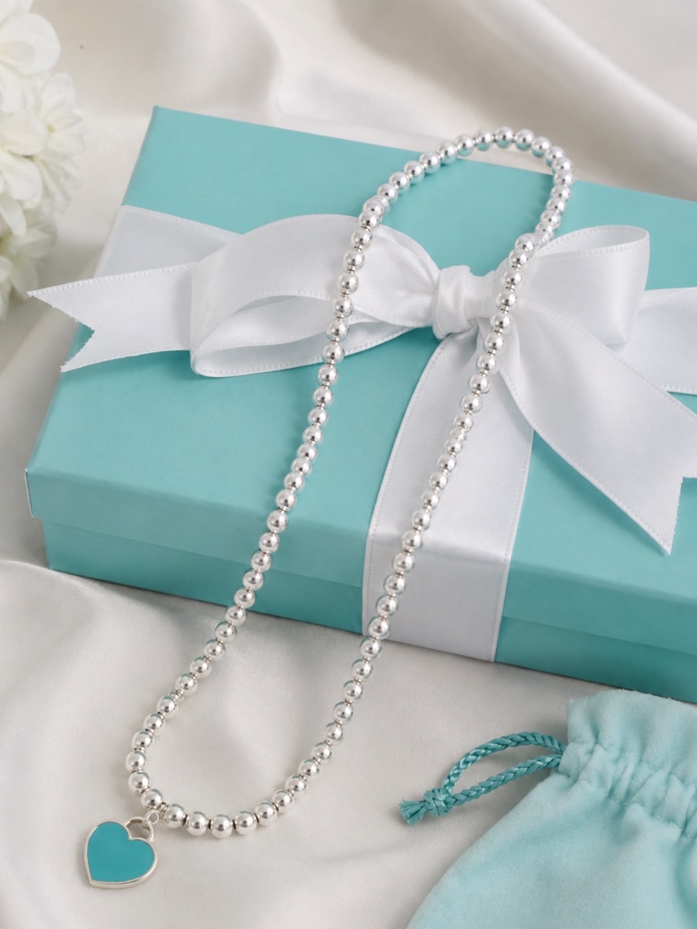 Tiffany & Co Return To Tiffany Blue Heart Bead Necklace Silver Reversible Sz 16”